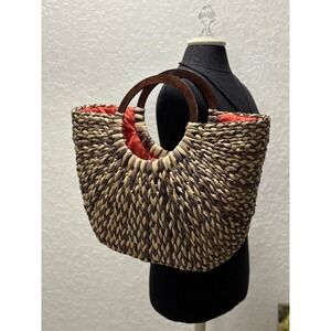 The Limited Woven Straw Tote Bag Brown Tan Two Tone Wood Handle Orange LiningNWT